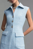 Sky Blue Tweed Tight Collar Neck Short Homecoming Outfits with Buttons