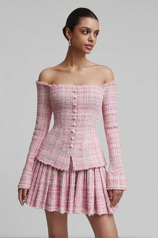 2 Piece Pink Off the Shoulder Tweed Blazer Short Homecoming Outfits