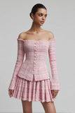 2 Piece Pink Off the Shoulder Tweed Blazer Short Homecoming Outfits