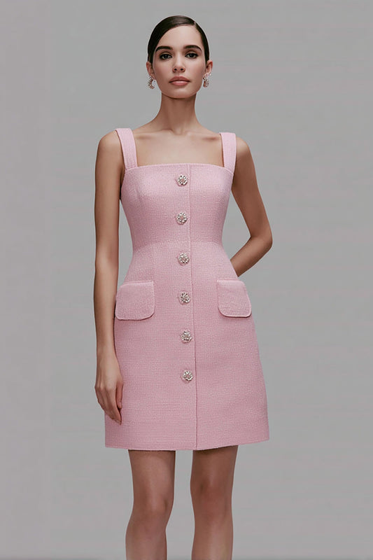 Pink Tweed Square Neck Short Pencil Homecoming Outfits with Buttons