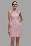 Pink Tweed Square Neck Short Pencil Homecoming Outfits with Buttons