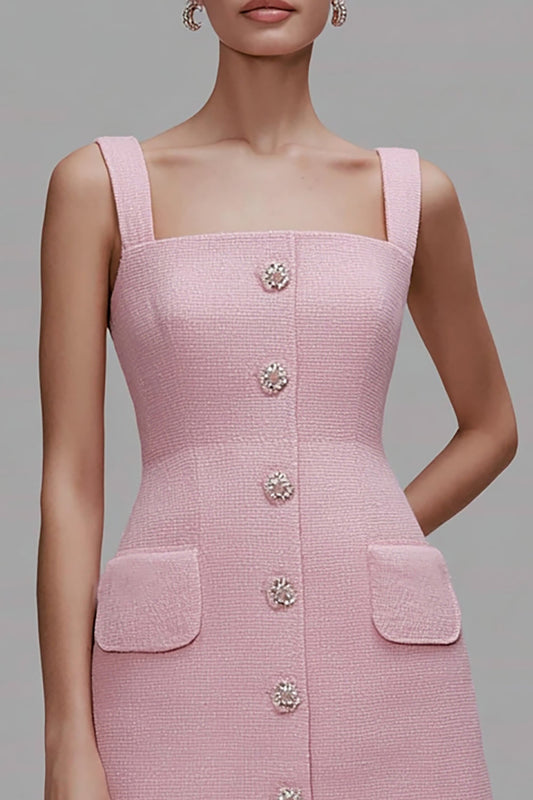 Pink Tweed Square Neck Short Pencil Homecoming Outfits with Buttons