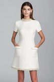 Ivory Round Neck Tweed Pearls Short Homecoming Outfits with Pockets