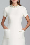 Ivory Round Neck Tweed Pearls Short Homecoming Outfits with Pockets