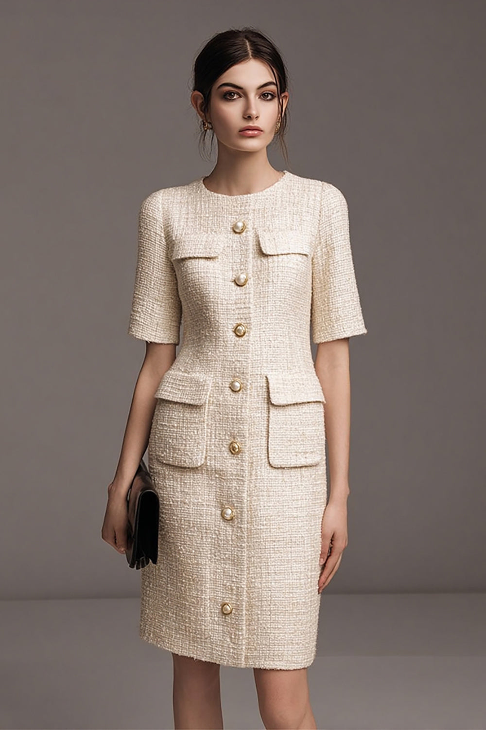 Ivory Tweed Pencil Pearls Short Sleeves Homecoming Outfits with Buttons