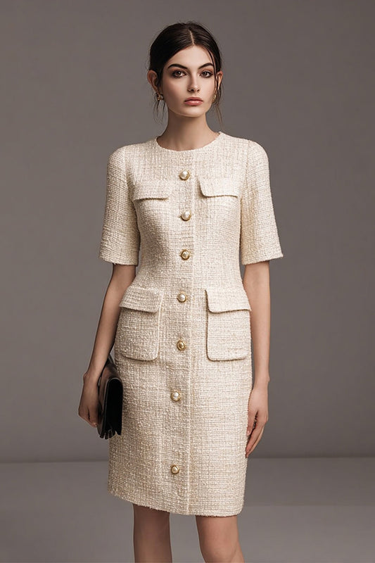 Ivory Tweed Pencil Pearls Short Sleeves Homecoming Outfits with Buttons