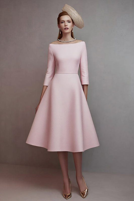Pink A Line Off the Shoulder Midi Homecoming Outfits with Sleeves