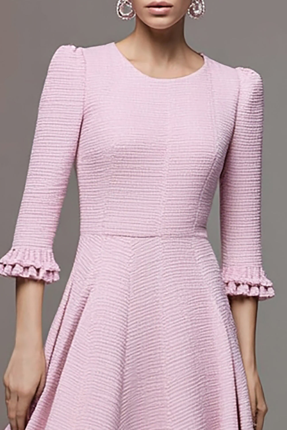 Pink Ruffled Tweed A Line Midi Homecoming Outfits with Sleeves