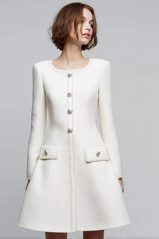 Ivory Tweed Round Neck Short A Line Homecoming Outfits with Buttons
