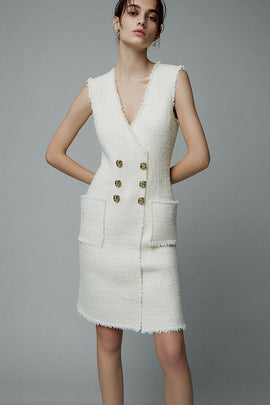 Ivory Tweed Short V-Neck Homecoming Outfits with Buttons