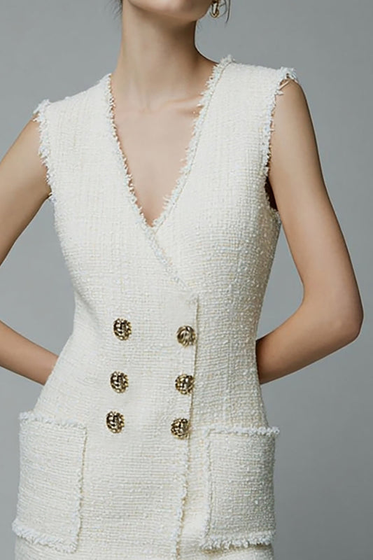 Ivory Tweed Short V-Neck Homecoming Outfits with Buttons