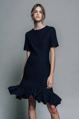 Black Tweed Ruffled Short Pageant Interview Outfits with Sleeves