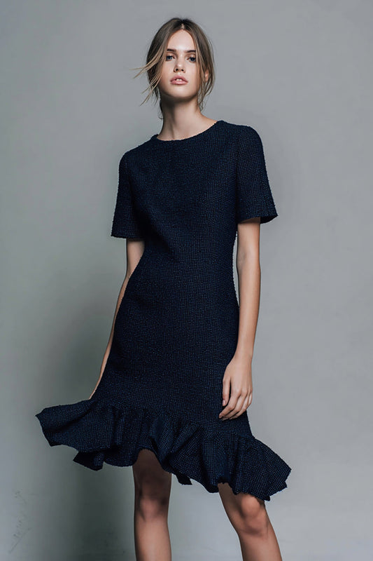 Black Tweed Ruffled Short Pageant Interview Outfits with Sleeves