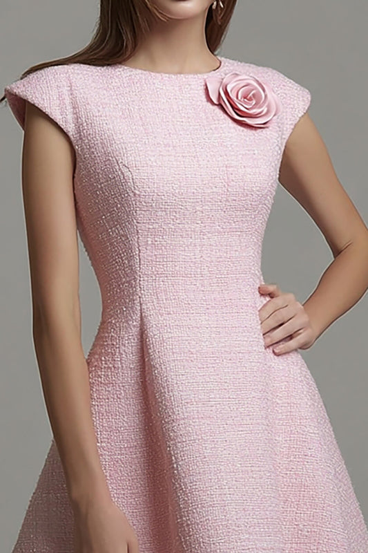 Pink Tweed A Line Cap Sleeves Short Homecoming Outfits with 3D Flowers