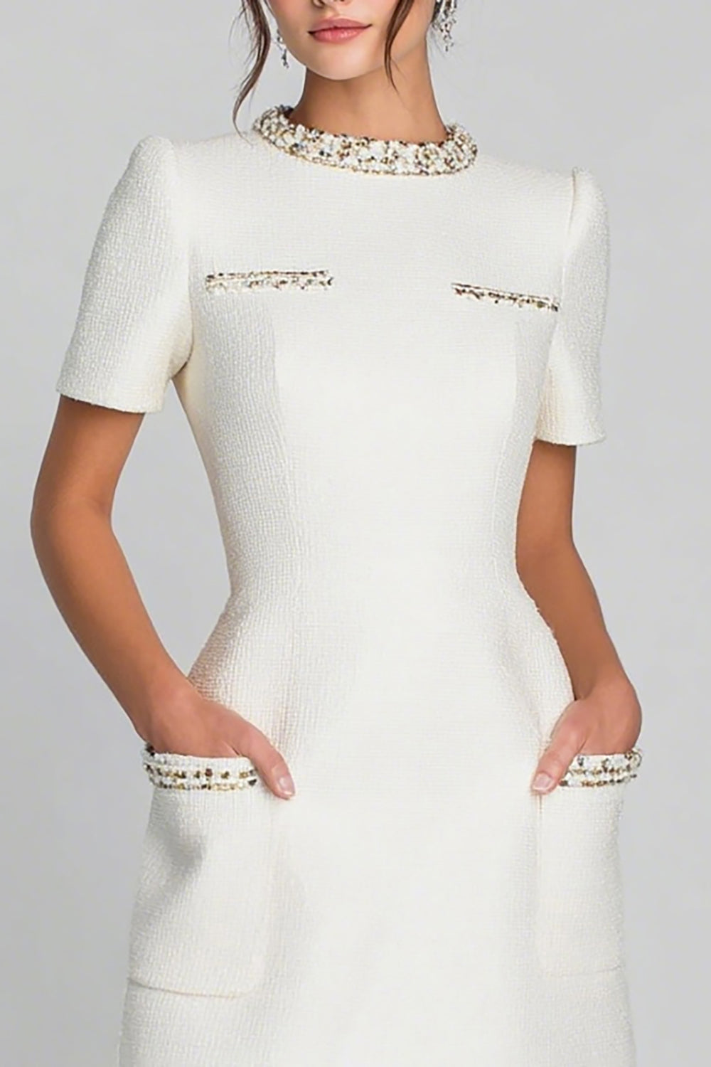 Ivory Tweed Round Neck Short Pencil Homecoming Outfits with Pockets