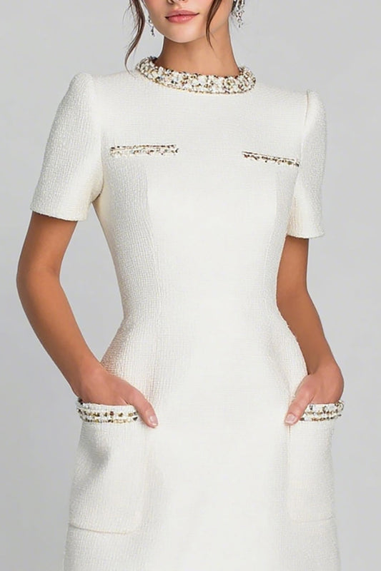 Ivory Tweed Round Neck Short Pencil Homecoming Outfits with Pockets