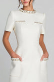 Ivory Tweed Round Neck Short Pencil Homecoming Outfits with Pockets