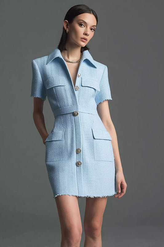 Sky Blue Tight Tweed Short Sleeves Homecoming Outfits with Buttons