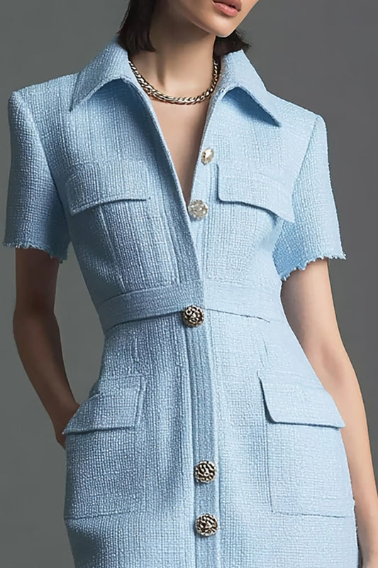 Sky Blue Tight Tweed Short Sleeves Homecoming Outfits with Buttons