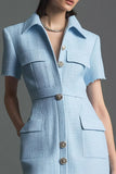 Sky Blue Tight Tweed Short Sleeves Homecoming Outfits with Buttons