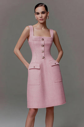 Pink Tight Tweed Cami Square Neck Short Homecoming Dress