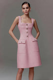 Pink Tight Tweed Cami Square Neck Short Homecoming Dress