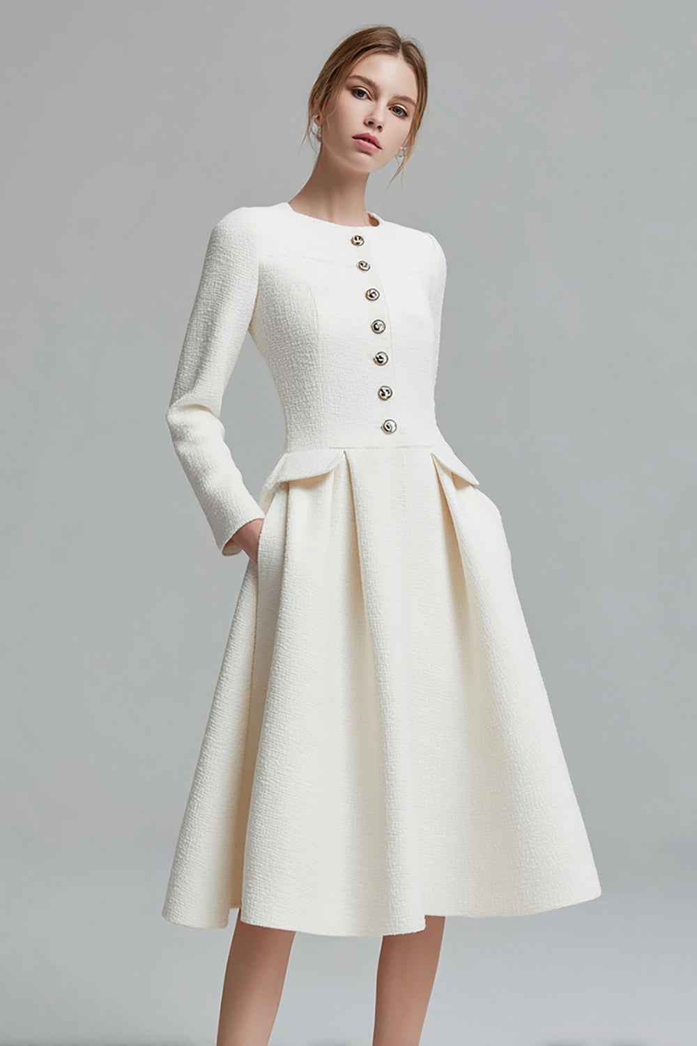 Ivory Tweed Long Sleeves A Line Midi Pageant Interview Dress with Pockets