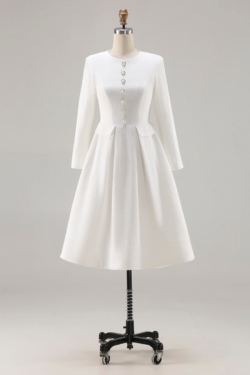 Ivory Tweed Long Sleeves A Line Midi Pageant Interview Dress with Pockets