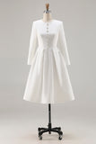 Ivory Tweed Long Sleeves A Line Midi Pageant Interview Dress with Pockets