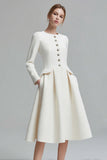 Ivory Tweed Long Sleeves A Line Midi Pageant Interview Dress with Pockets