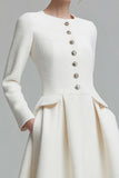 Ivory Tweed Long Sleeves A Line Midi Pageant Interview Dress with Pockets