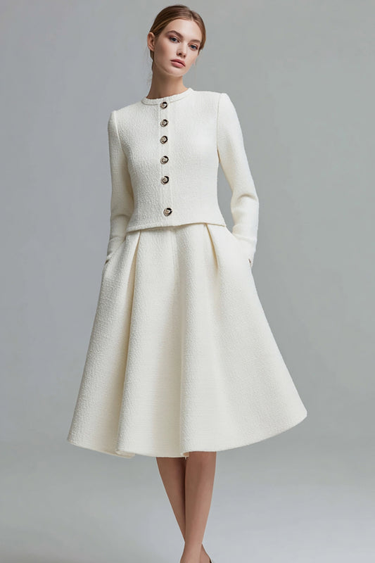 Ivory 2 Piece Midi Homecoming Outfits Tweed Round Neck Pageant Interview Outfits with Buttons