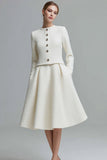 Ivory 2 Piece Midi Homecoming Outfits Tweed Round Neck Pageant Interview Outfits with Buttons