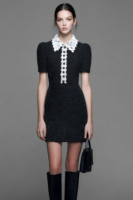 Black Tweed Tight Short Homecoming Dress with Lace