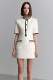 Ivory Tweed Round Neck Tight Short Pageant Interview Dress with Sleeves