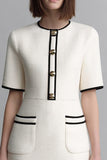 Ivory Tweed Round Neck Tight Short Pageant Interview Dress with Sleeves