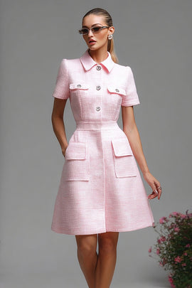 Pink Tweed Short Sleeves Homecoming Dress with Buttons