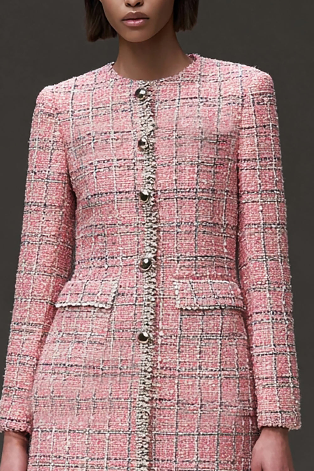 Pink Plaid Tight Tweed Short Homecoming Dress with Sleeves