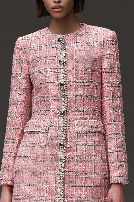 Pink Plaid Tight Tweed Short Homecoming Dress with Sleeves