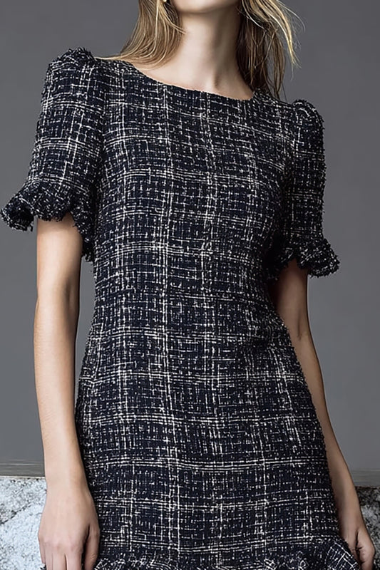 Black Tweed Plaid Tight Short Homecoming Outfits with Ruffles