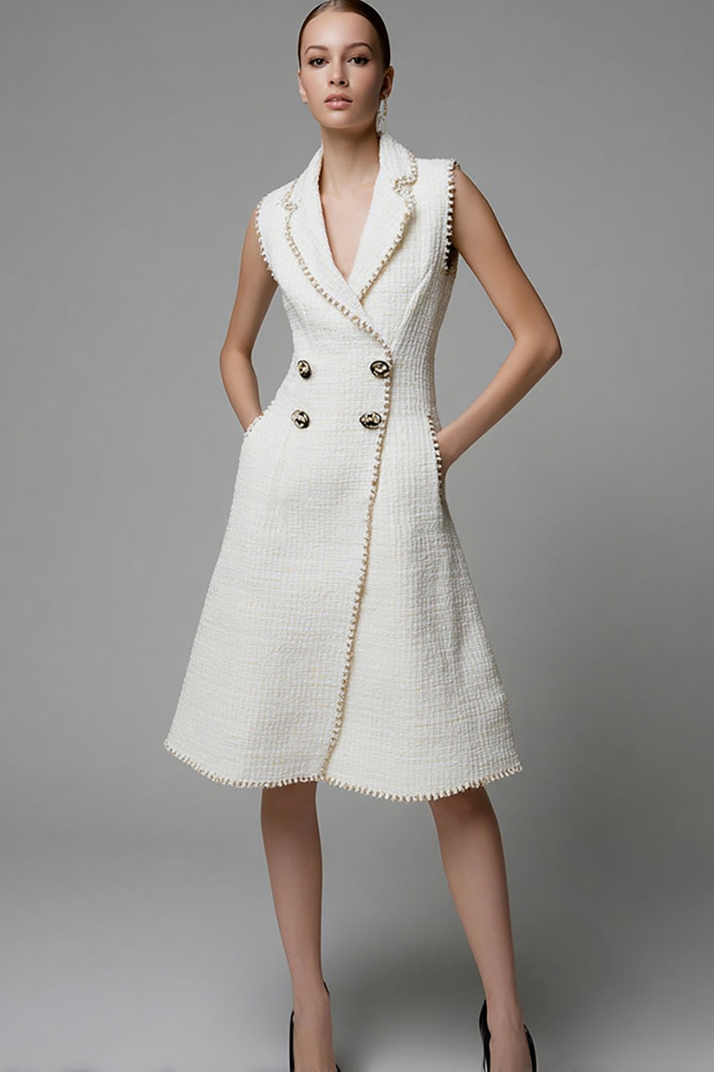 Ivory Tweed Notched Lapel Short Homecoming Outfits with Pockets
