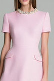 Pink Round Neck A Line Short Sleeves Homecoming Dress with Pearls