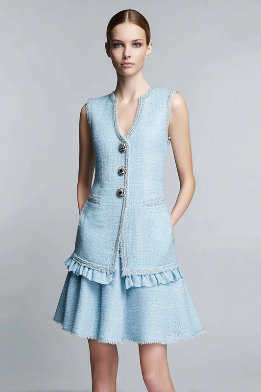 Sky Blue 2 Piece Tweed Short Homecoming Outfits with Ruffles