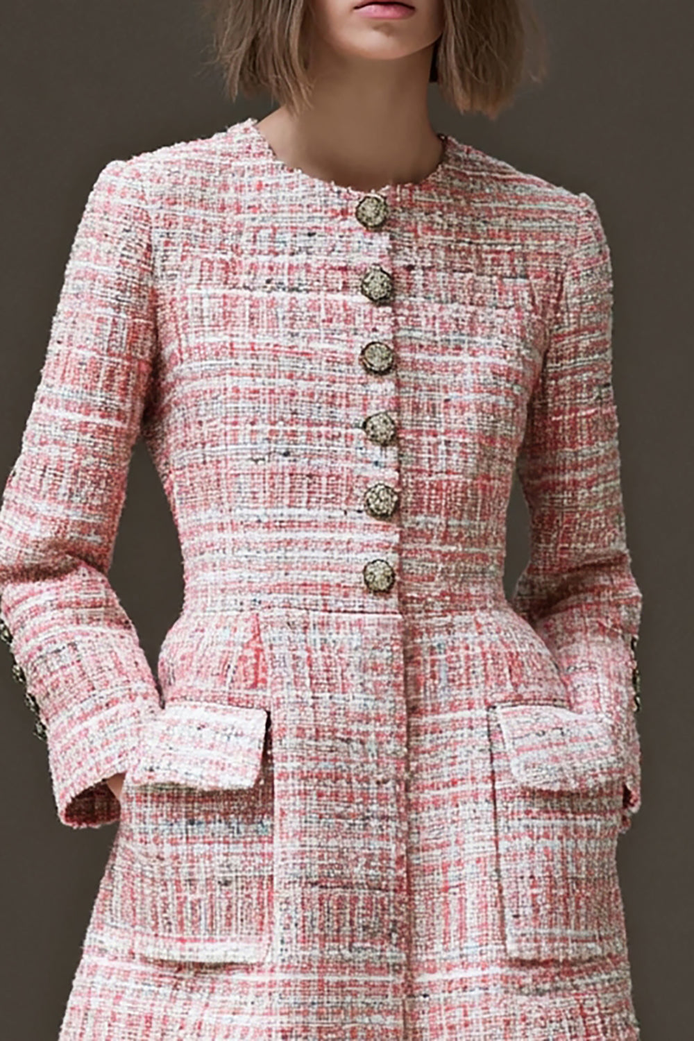 Pink Plaid A Line Tweed Short Homecoming Dress with Sleeves