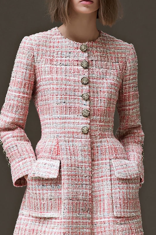 Pink Plaid A Line Tweed Short Homecoming Dress with Sleeves