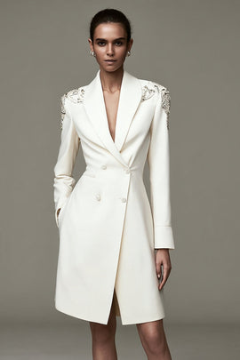Ivory Satin Shawl Lapel Short Pencil Blazer Dress with Beading