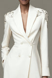 Ivory Satin Shawl Lapel Short Pencil Blazer Dress with Beading