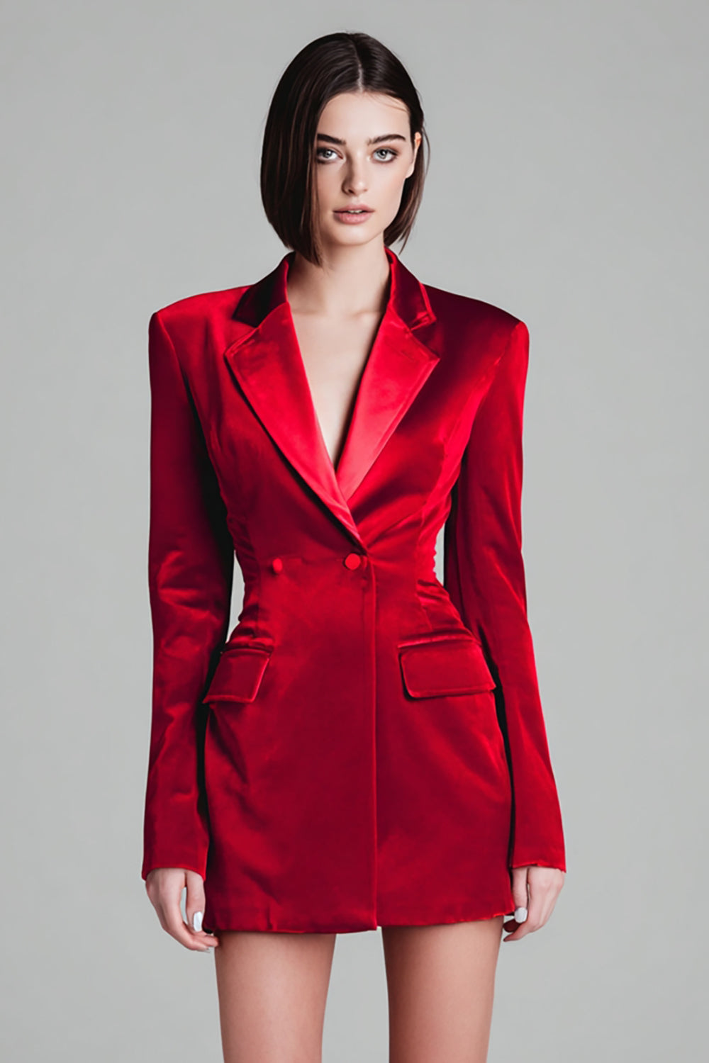 Red Velvet Notched Lapel Short Blazer Dress with Sleeves