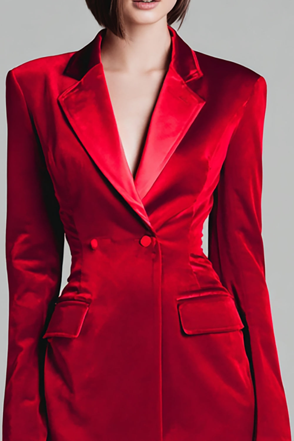 Red Velvet Notched Lapel Short Blazer Dress with Sleeves