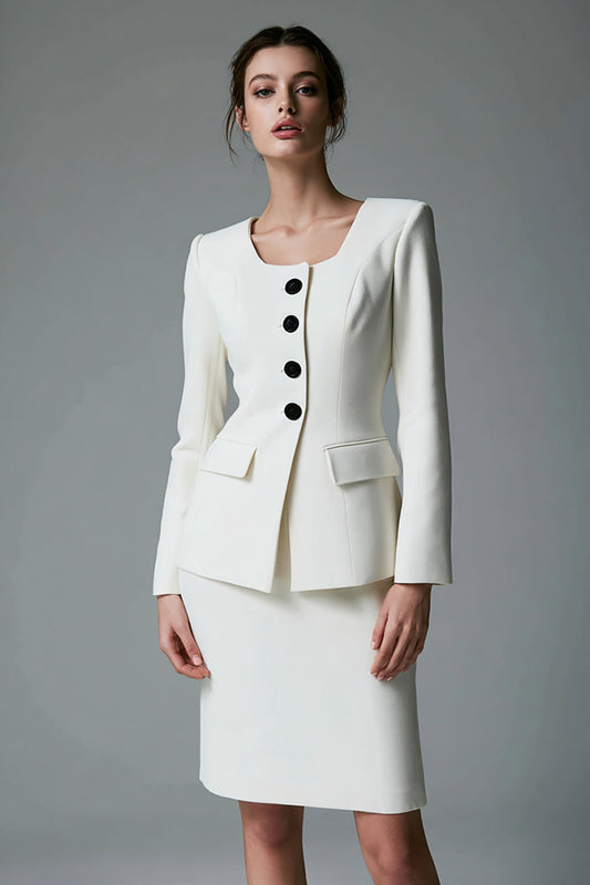Ivory 2 Piece Bodycon Satin Short Single Breasted Business Suits